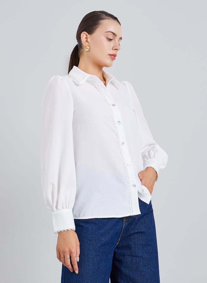Styli Women Off-White Lace Trim Long Sleeve Shirt - Image 1